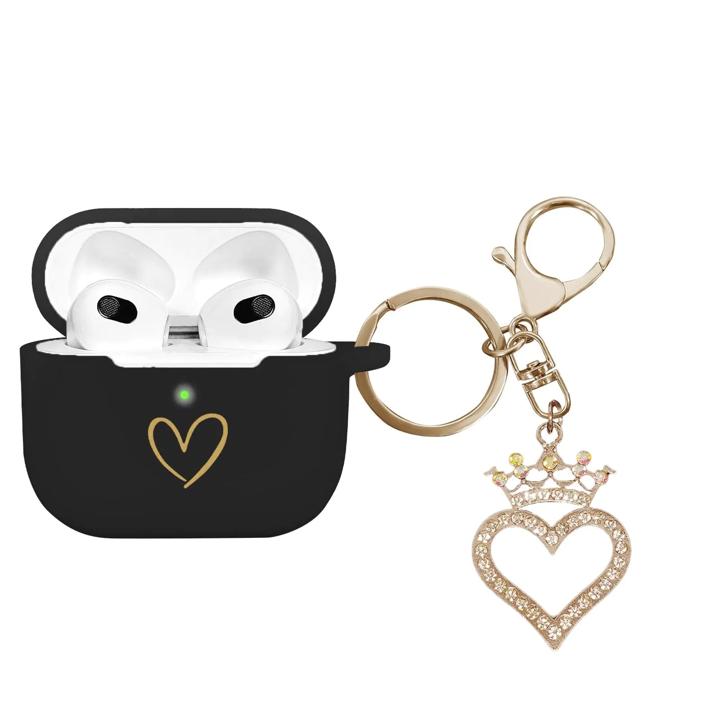 AIIEKZ Compatible with AirPods 3 Case Cover 2021 Soft Silicone Case with Gold Heart Pattern for AirPods 3rd Generation Case with Rhinestone Studded Love Heart Keychain (Black)