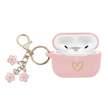 AIIEKZ Compatible with AirPods Pro 2 Case Cover 2022 Soft Silicone Case with Gold Heart Pattern for AirPods Pro 2nd/1st Generation Case with Cute Cherry Blossoms Keychain for Girls Women (Pink)