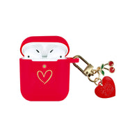 AIIEKZ Compatible with AirPods Case Cover Soft Silicone Case with Gold Heart Pattern for AirPods 2&1 Generation Case with Love Cherry Keychain for Girls Women (Red)